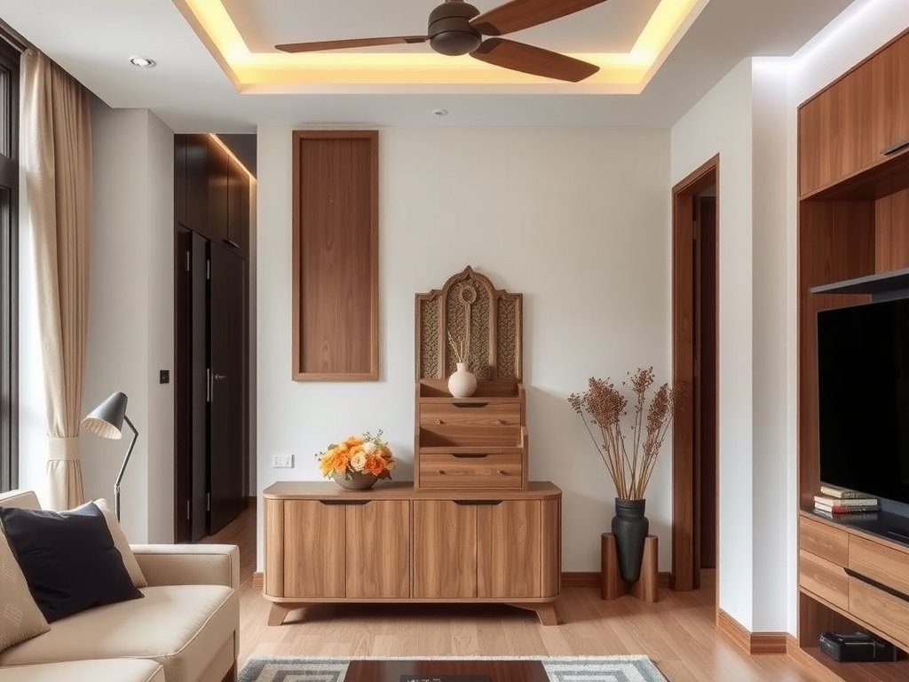Căn hộ Việt có tủ thờ gỗ hiện đại ở góc phòng.