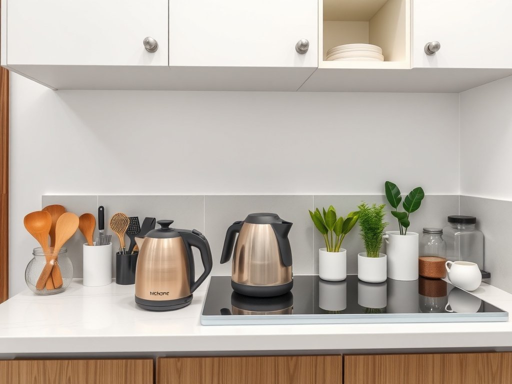 Nhà bếp căn hộ Việt Nam với kệ sạch và ấm siêu tốc.