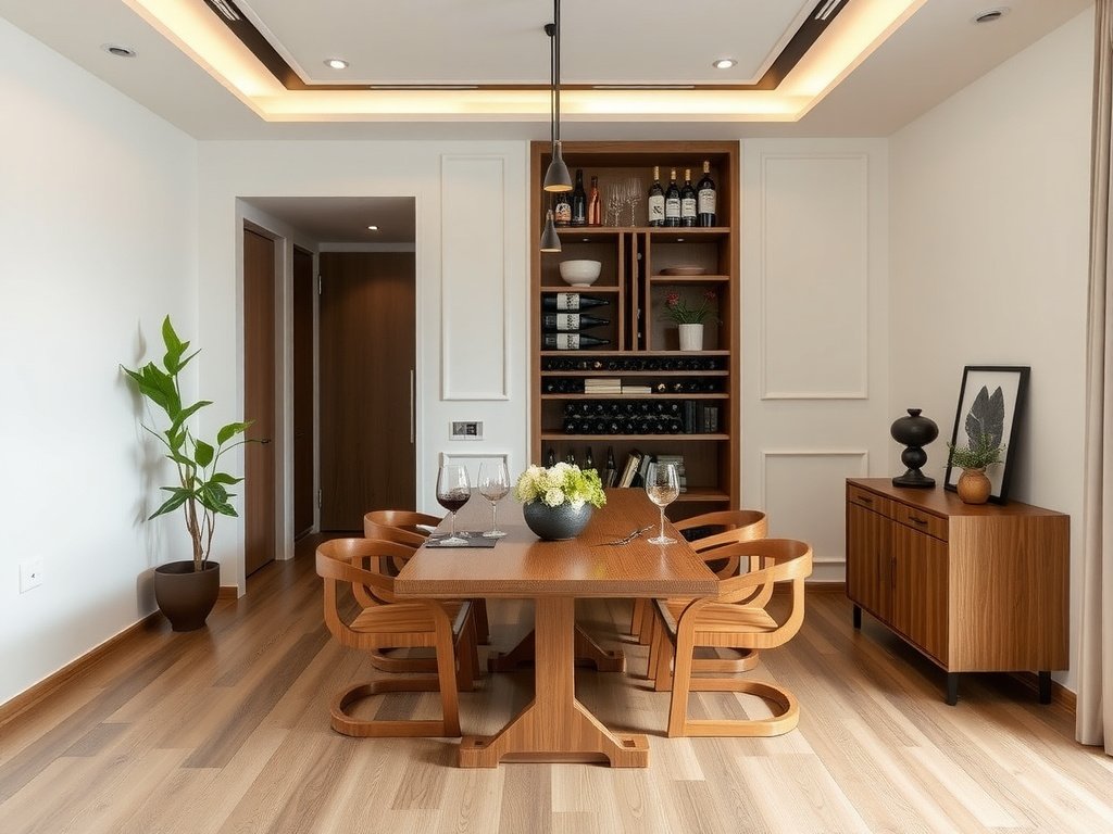 Phòng ăn hiện đại trong nhà Việt Nam có tủ rượu gỗ thanh lịch
