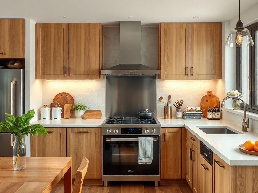 Nhà bếp Việt với thiết bị hiện đại và tủ gỗ tự nhiên