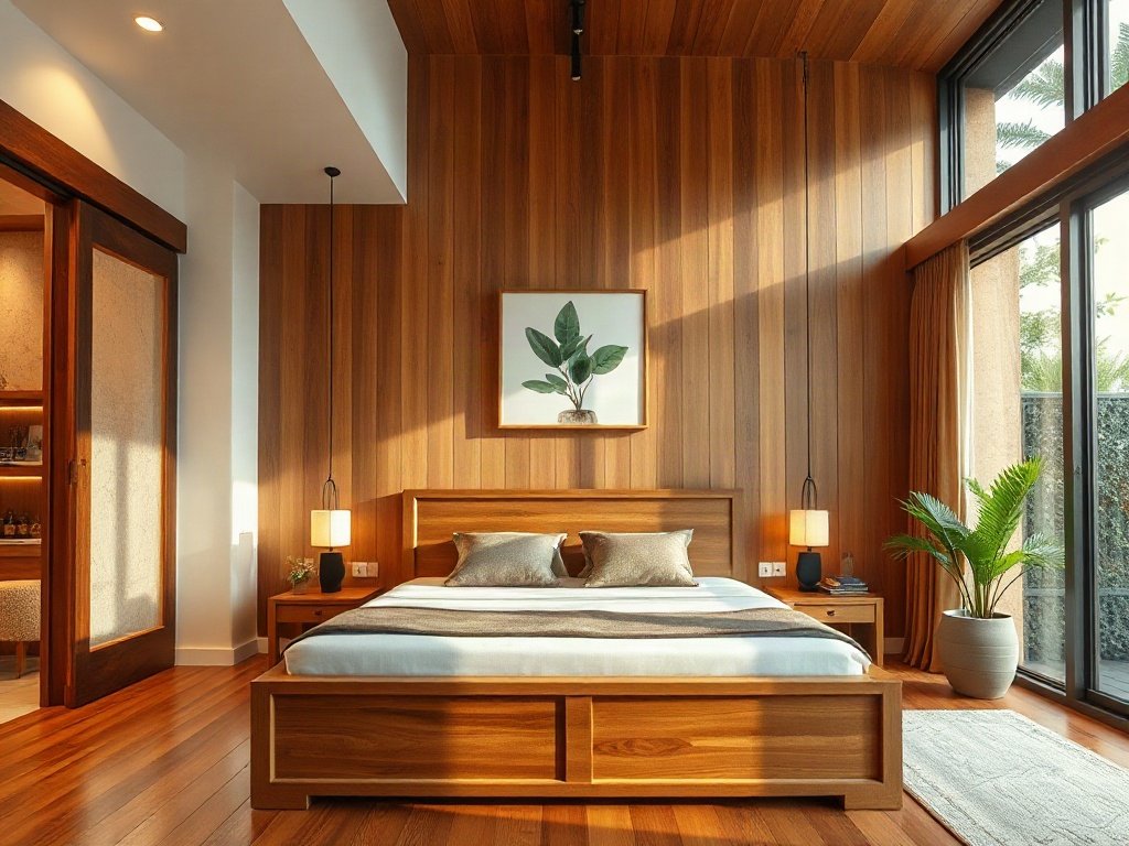 Nội thất Việt Nam với điểm nhấn giường gỗ.