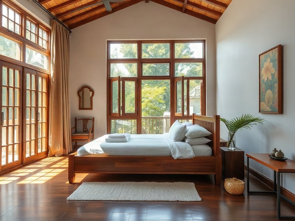 Phòng rộng kiểu Việt với giường gỗ tự nhiên