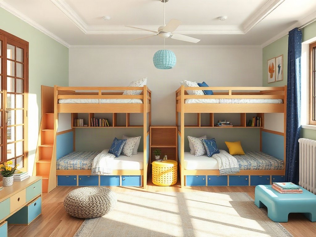 Giường tầng hiện đại nhiều màu trong phòng trẻ em Việt Nam đầy ánh sáng tự nhiên