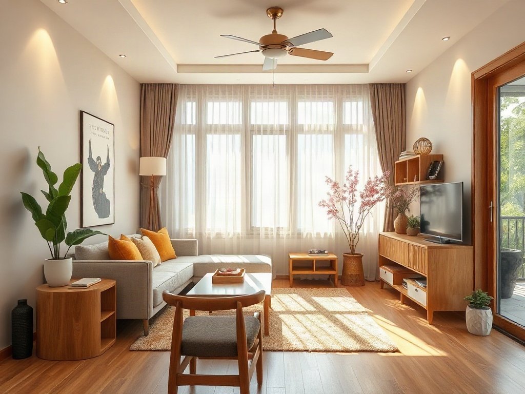 Phòng sáng với nội thất gỗ tự nhiên kiểu Việt