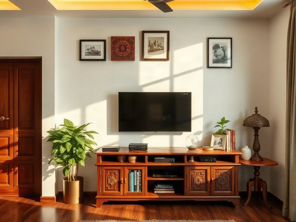 Ngôi nhà Việt Nam truyền thống với giá tivi bằng gỗ dưới ánh sáng tự nhiên