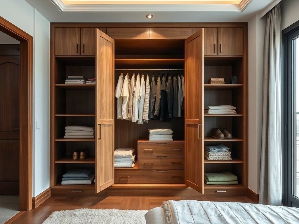 Tủ quần áo mở bằng gỗ trong phòng Việt được sắp xếp gọn.