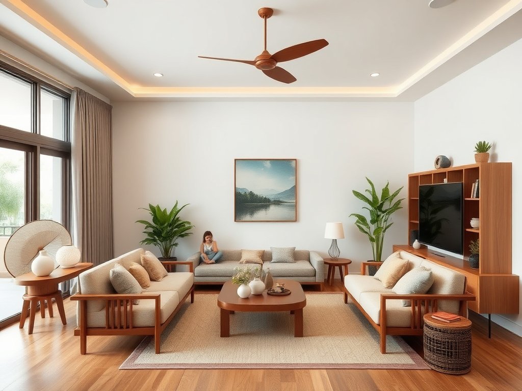 Phòng khách gia đình trong ngôi nhà Việt Nam, nổi bật với điểm nhấn và trang trí gỗ.