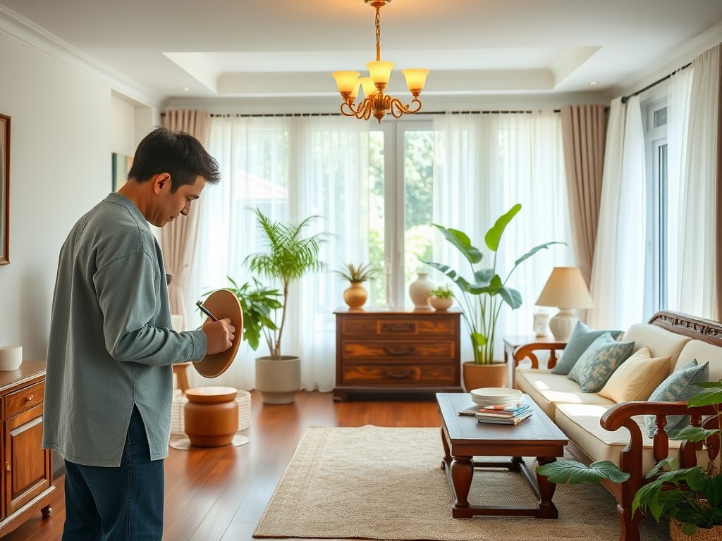 Phòng khách sáng có người Việt Nam đang hoàn thiện sơn đồ gỗ.
