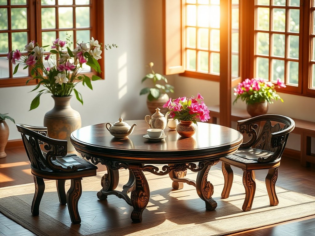 Bàn cà phê truyền thống Việt Nam trong phòng sáng với hoa.