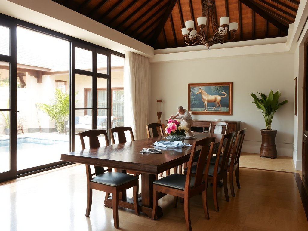 Biệt thự Việt Nam sang trọng với bộ bàn ăn gỗ được lau chùi.