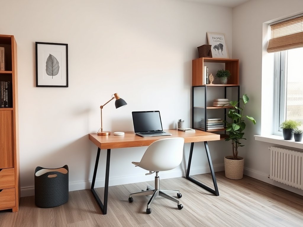 Văn phòng tại nhà với bàn làm việc bằng gỗ, hoàn toàn sạch sẽ.