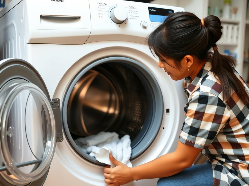 Người Việt Nam đang vệ sinh lồng máy giặt cửa trước
