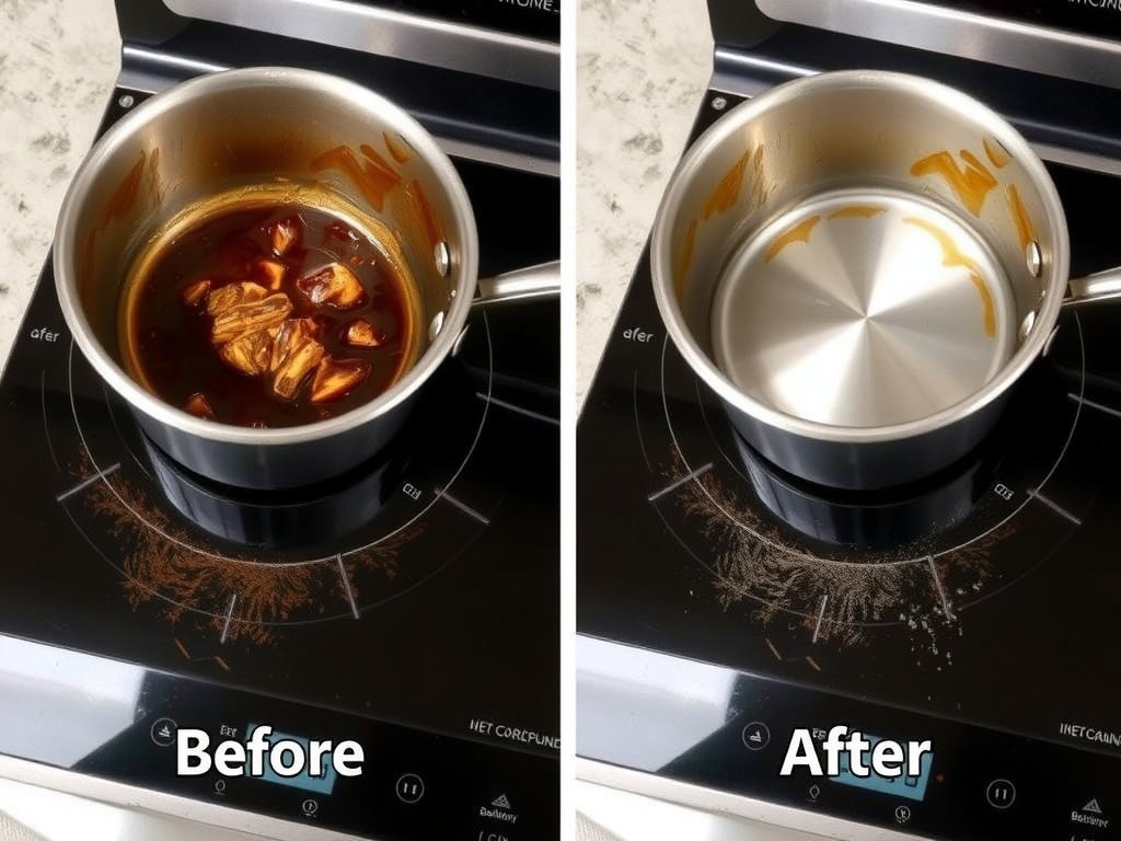 Bếp từ và nồi bám cháy trước và sau khi làm sạch.