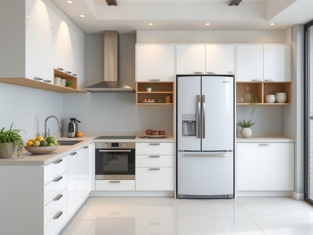 Nhà bếp tối giản của Việt Nam với tủ lạnh lớn.