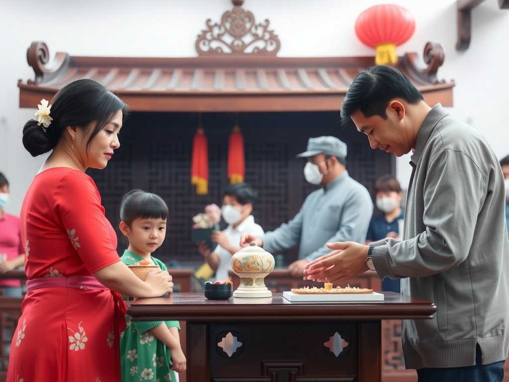 Gia đình người Việt dùng tủ thờ gỗ trong lễ truyền thống.