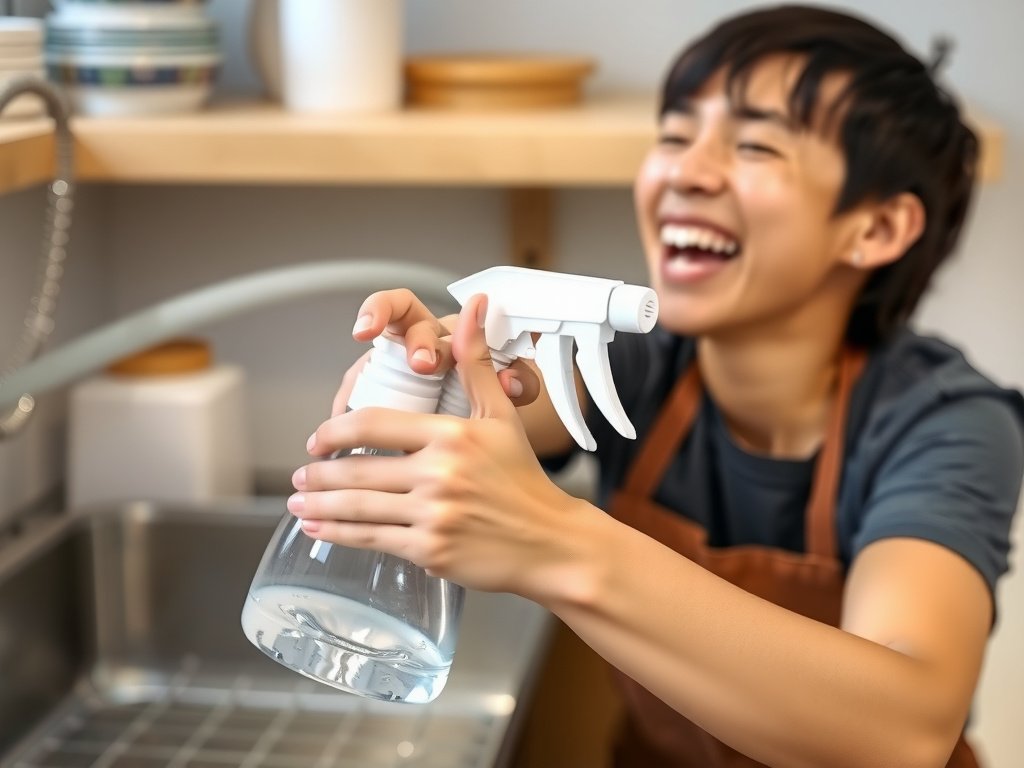 Người cầm cánh tay phun nước sạch của máy rửa bát, cười.
