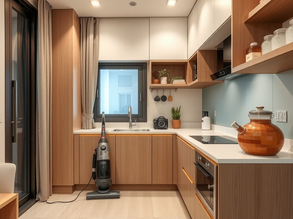 Nhà bếp hiện đại trong căn hộ Việt Nam với máy hút bụi cắm góc
