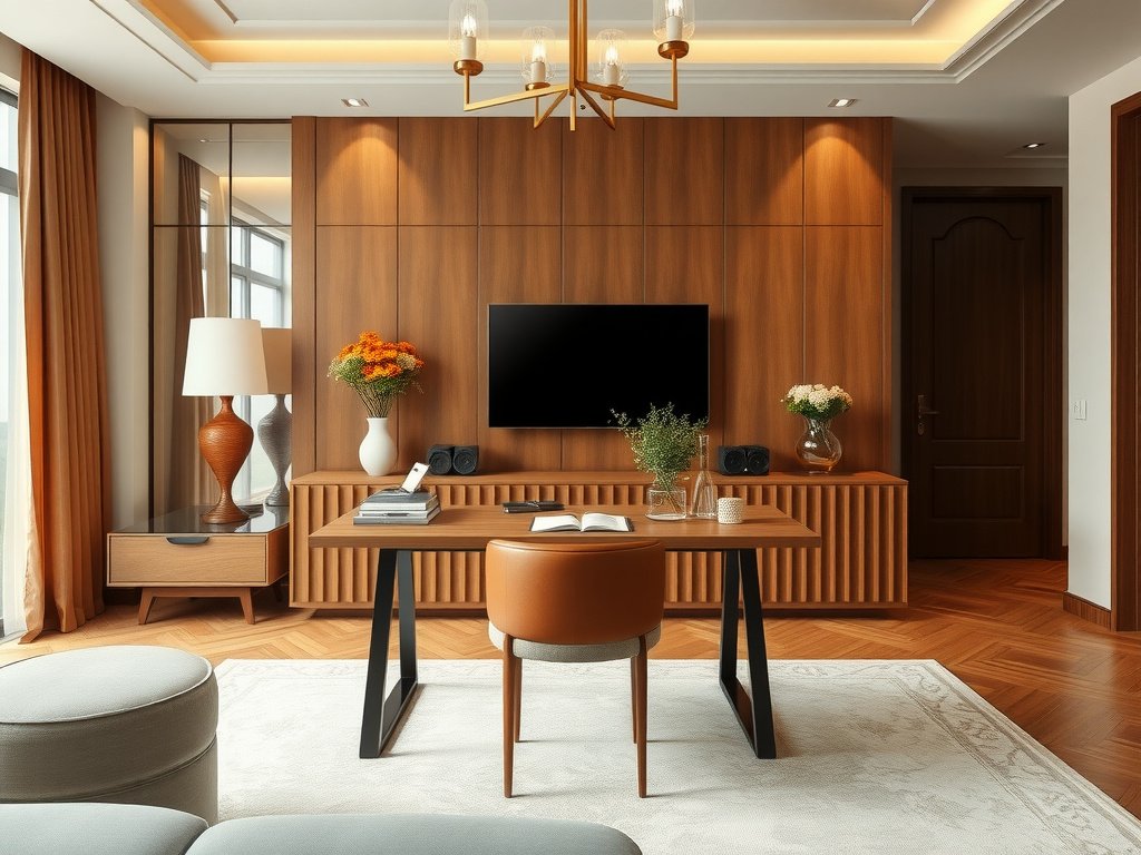 Bàn làm việc trong phòng khách Việt Nam với thiết kế thanh lịch.
