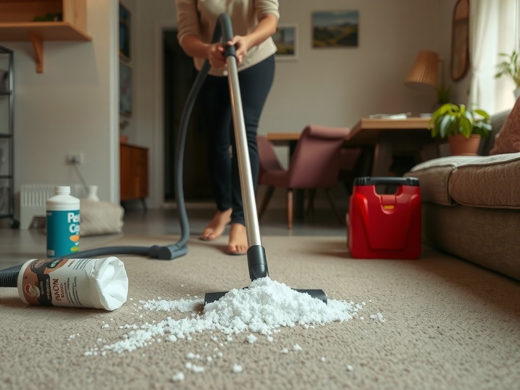 Người Việt Nam hút bụi baking soda ở thảm trải sàn.