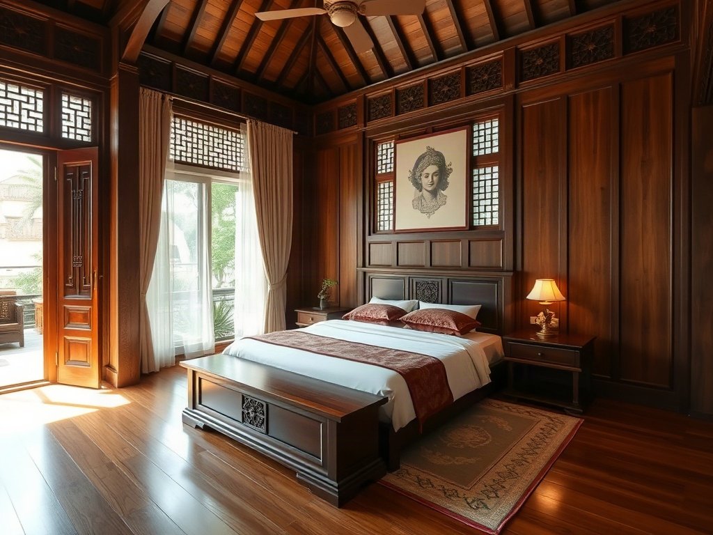 Phòng ngủ phong cách Việt Nam với giường gỗ thanh lịch
