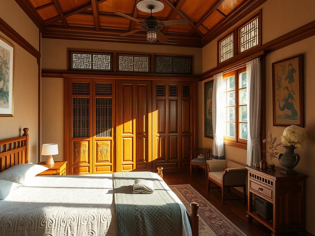 Phòng ngủ kiểu Việt với nội thất gỗ chân thực