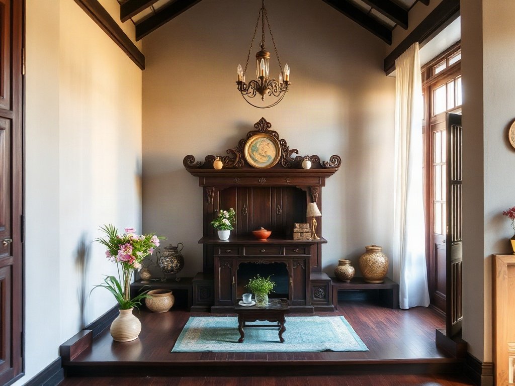 Cảnh nhà Việt thanh bình với bàn thờ gỗ