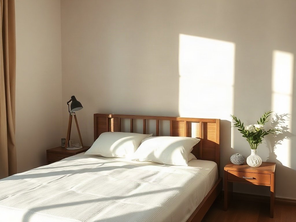 Ánh sáng tự nhiên phủ lên giường gỗ kiểu dáng Việt Nam