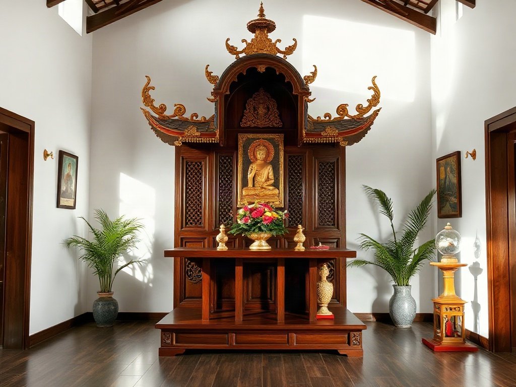 Bàn thờ gỗ trong phòng có điểm nhấn tre với ánh sáng tự nhiên.