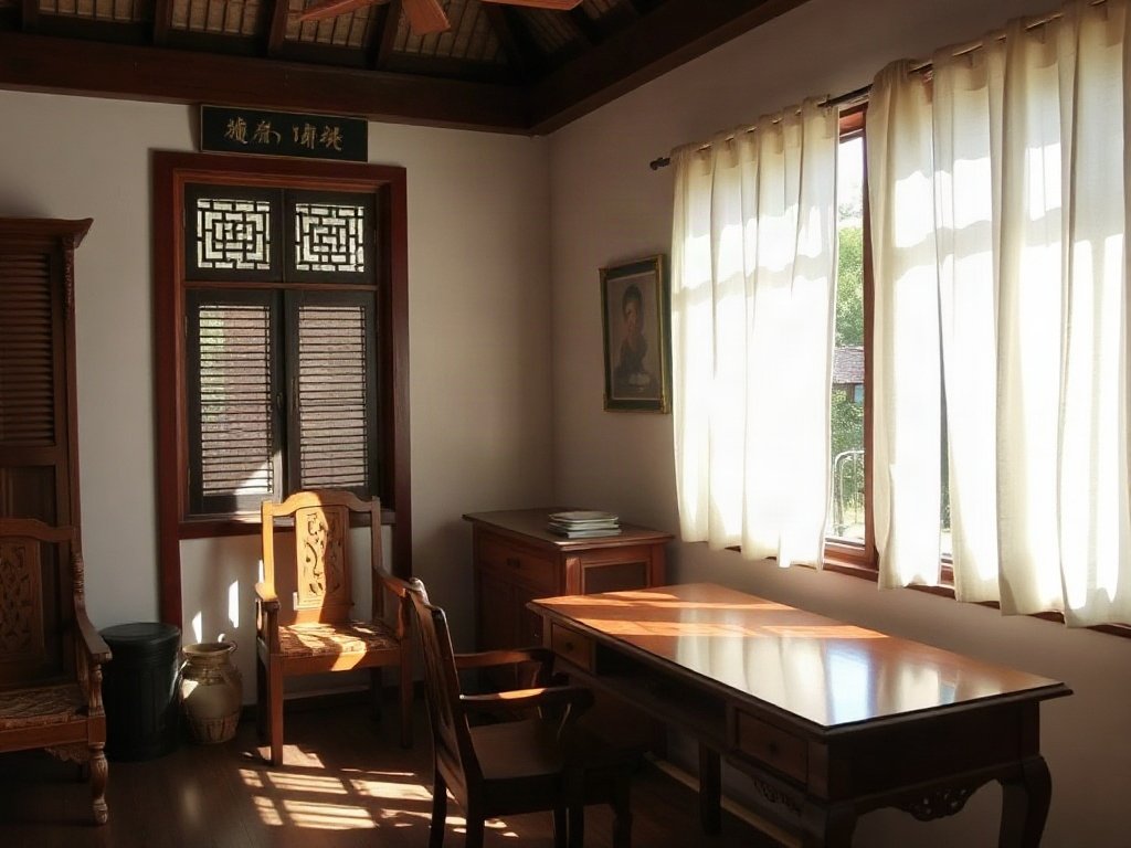 Phòng đầy ánh sáng tại Việt Nam với bàn làm việc gỗ