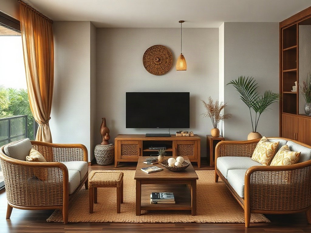 Thiết kế lấy cảm hứng Việt Nam với kết cấu nội thất đan dây, kệ tivi gỗ và đồ trang trí tre.