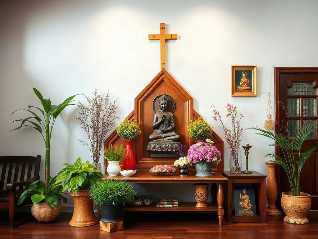 Ngôi nhà Việt yên bình với bàn thờ gỗ hiện đại.