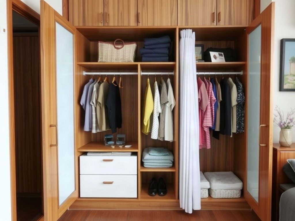 Tủ gỗ tự nhiên trong nhà Việt Nam với quần áo ngăn nắp.