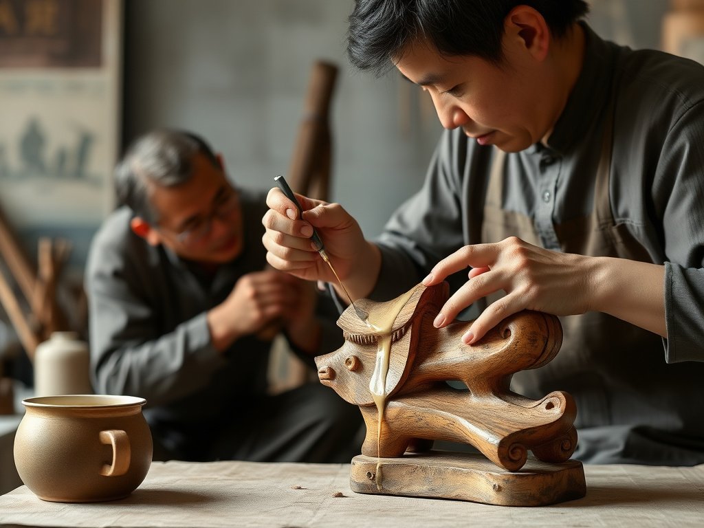 Nghệ nhân Việt áp dụng dung dịch trà lên tượng gỗ.