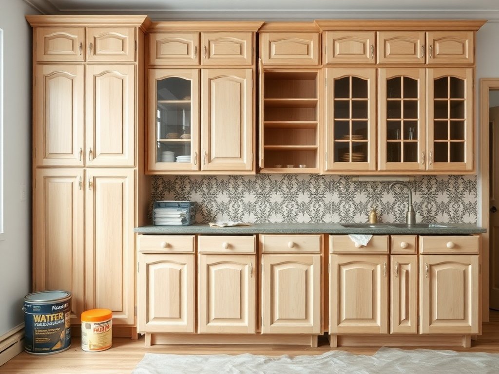 Bộ tủ bếp gỗ ở nhà Việt Nam được sơn bằng sơn gốc nước.