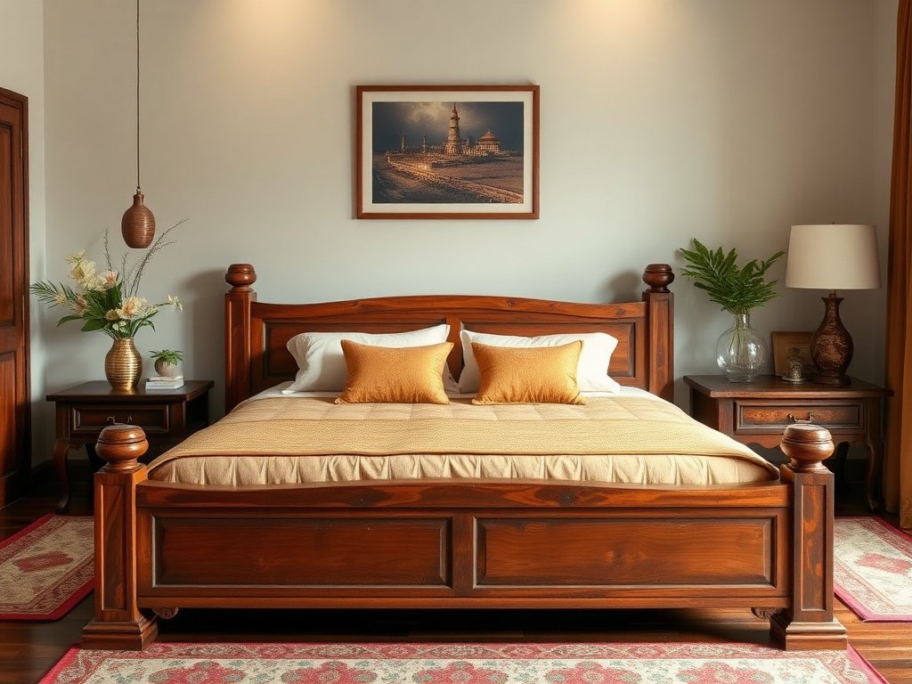 Khung giường gỗ được phục hồi trong phòng ngủ Việt Nam, với trang trí hiện đại