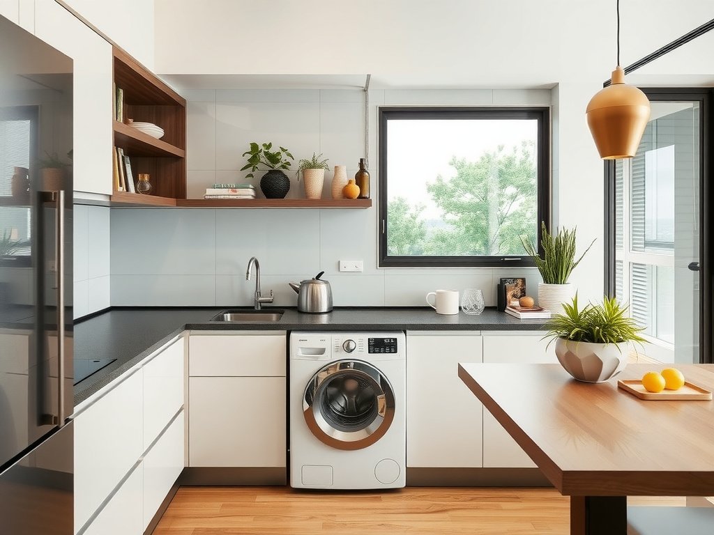 Nhà bếp cao cấp Việt Nam với máy giặt dưới mặt bếp