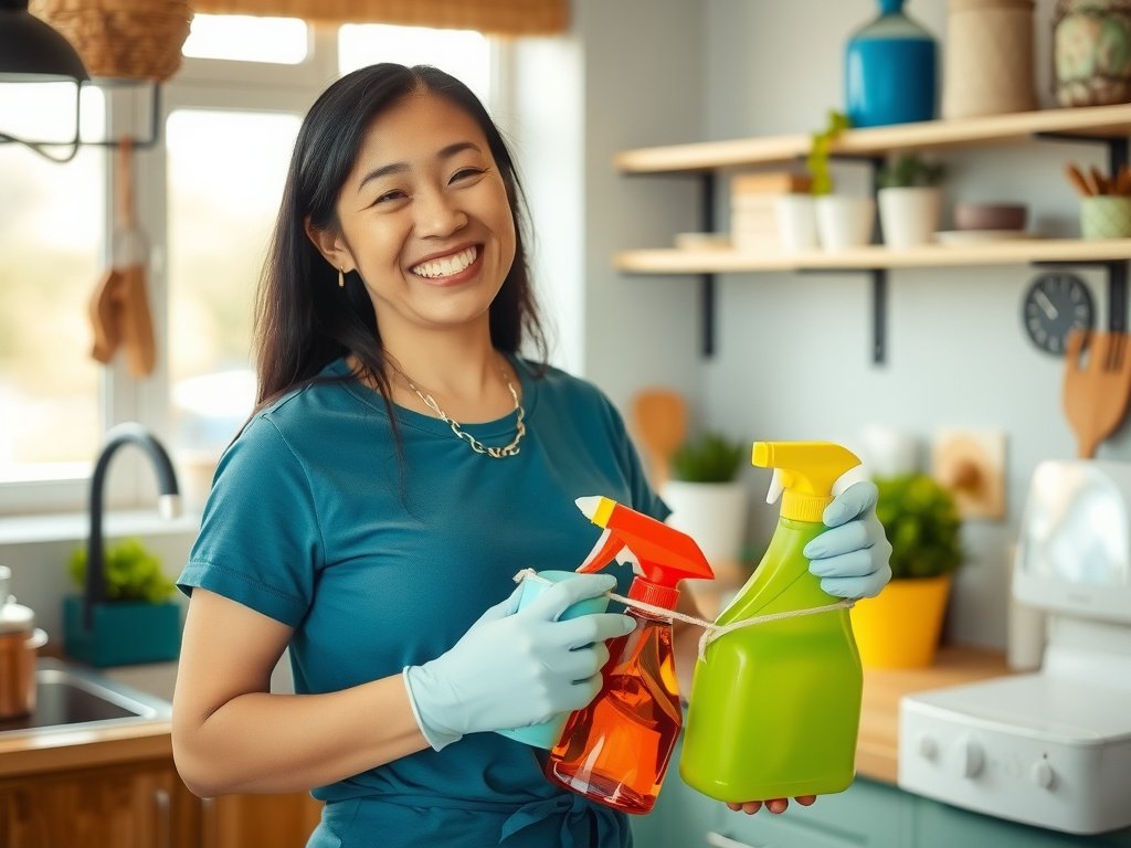 Bà nội trợ Việt cười tươi trong gian bếp sáng cùng với đồ làm sạch.