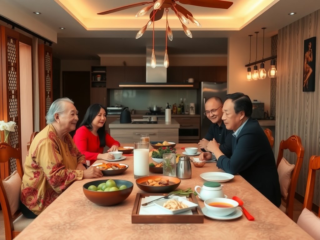 Gia đình tụ họp trong phòng ăn Việt Nam với không gian bếp.
