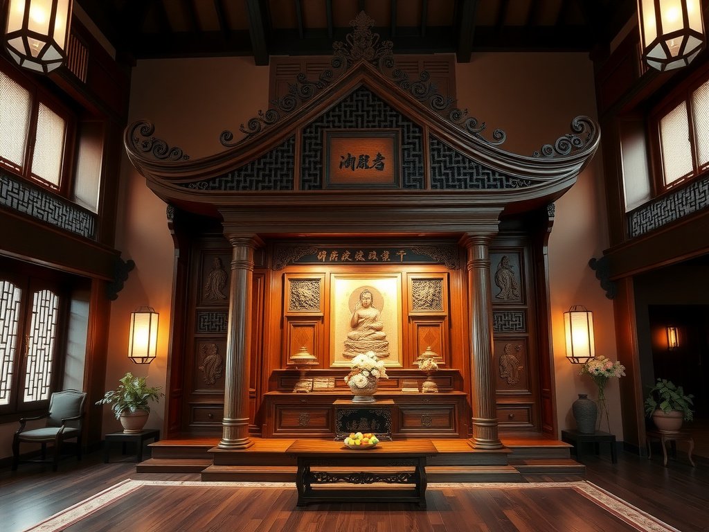 Tủ thờ gỗ lớn trong ngôi nhà Việt Nam sang trọng.