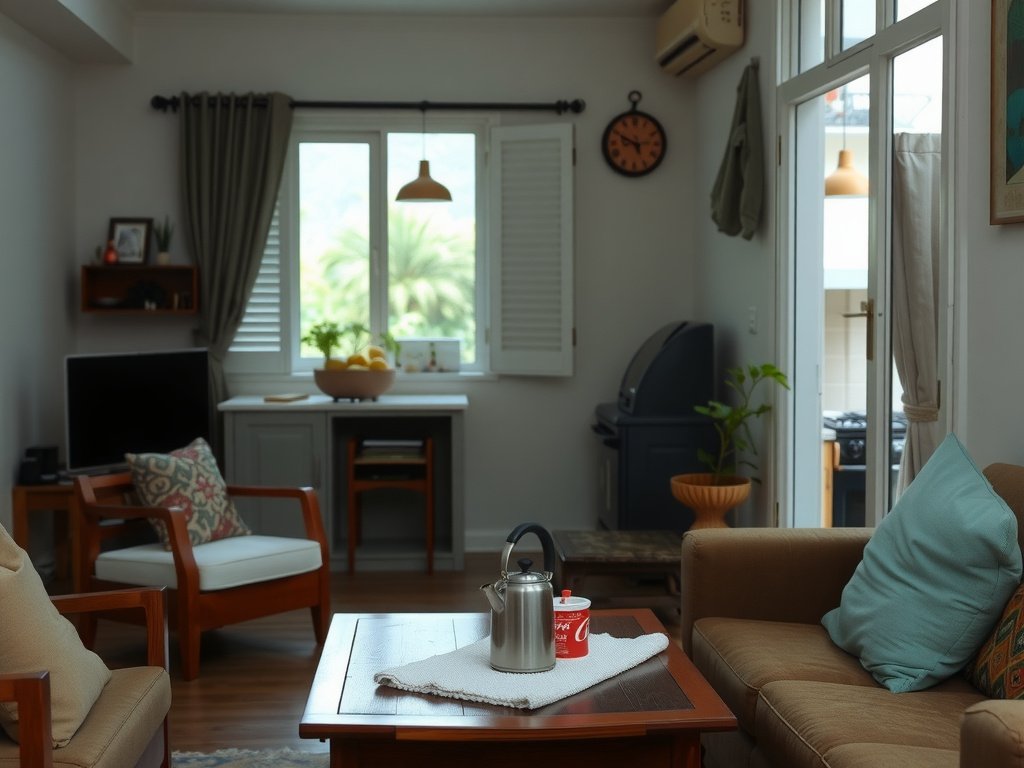 Phòng khách Việt cozy nhìn vào bếp đang dọn ấm siêu tốc.