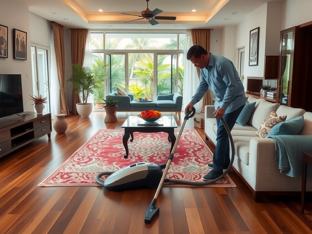 Phòng khách rộng rãi trong biệt thự Việt, máy hút bụi đang được bảo dưỡng bởi người Việt