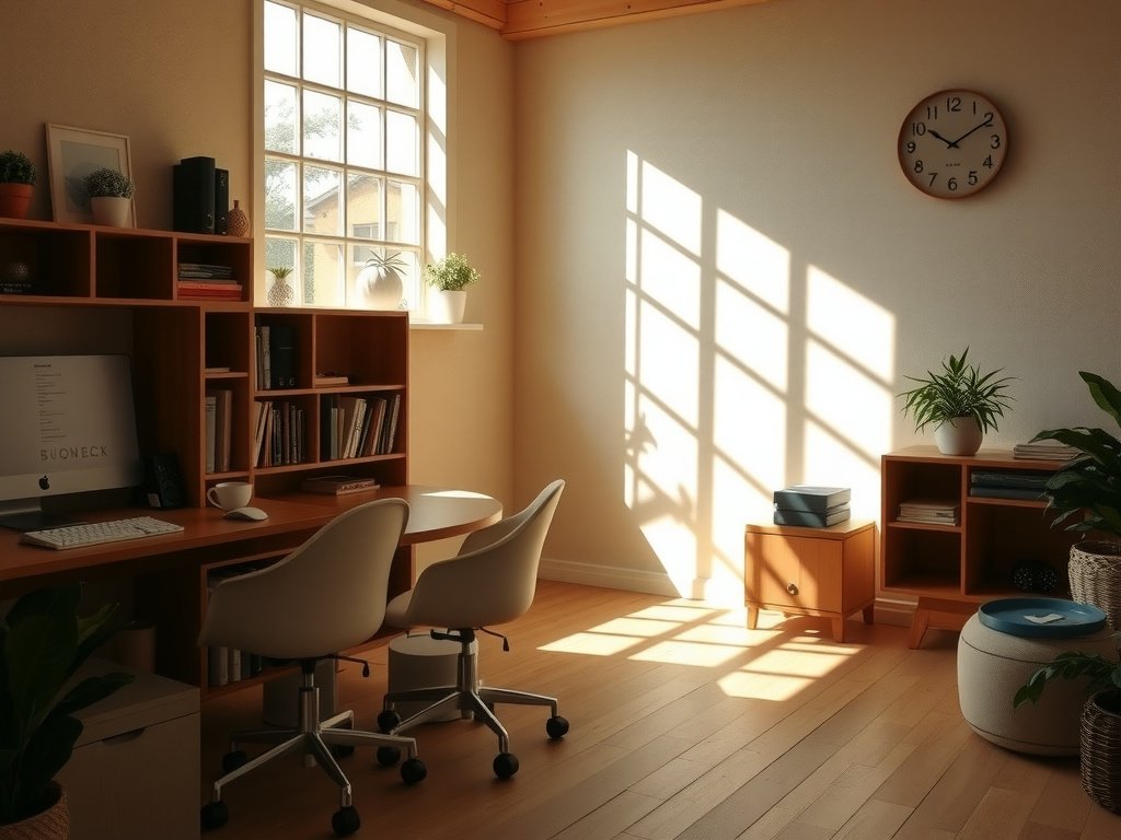Ánh sáng tự nhiên chiếu sáng bàn làm việc gỗ.