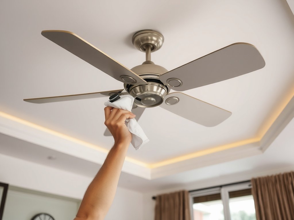 Người tỉ mỉ làm sạch động cơ và cánh quạt trần trong ngôi nhà cao cấp Việt Nam.