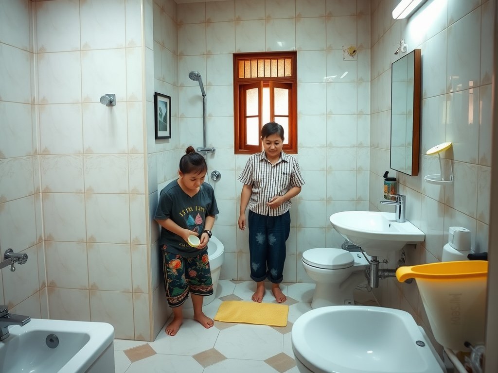 Gia đình Việt hạnh phúc trong phòng tắm sạch gọn.