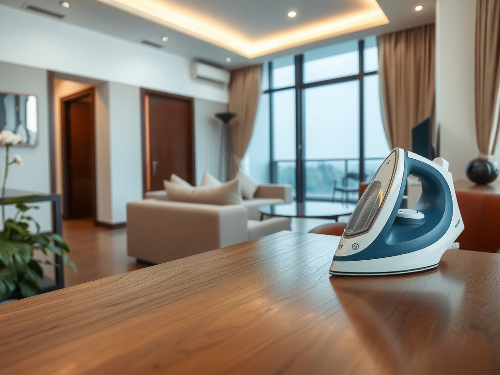 Bàn gỗ và bàn là sạch sẽ trong căn hộ cao cấp Việt Nam