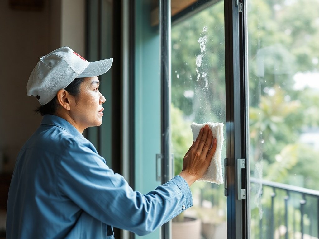 Người Việt sử dụng sản phẩm làm sạch thân thiện với môi trường trên cửa sổ.
