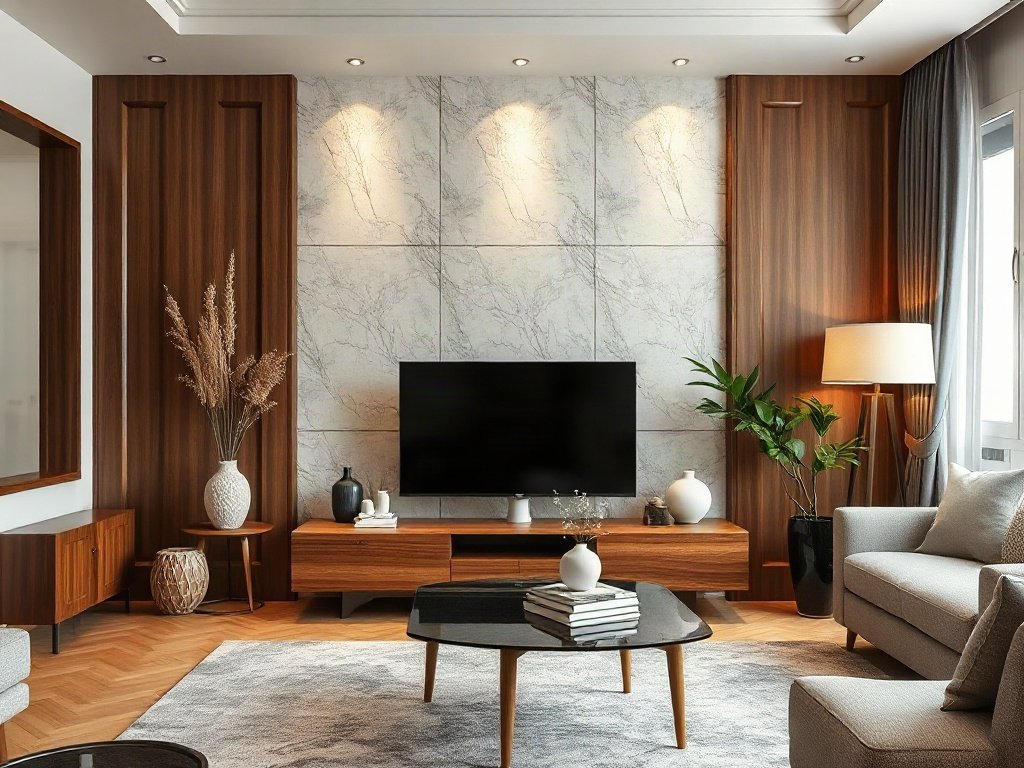 Phòng khách Việt sang trọng với kệ tivi gỗ tự nhiên