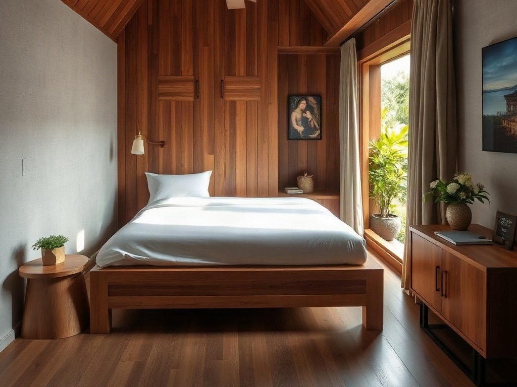 Phòng yên bình của người Việt với giường gỗ và ánh sáng tự nhiên