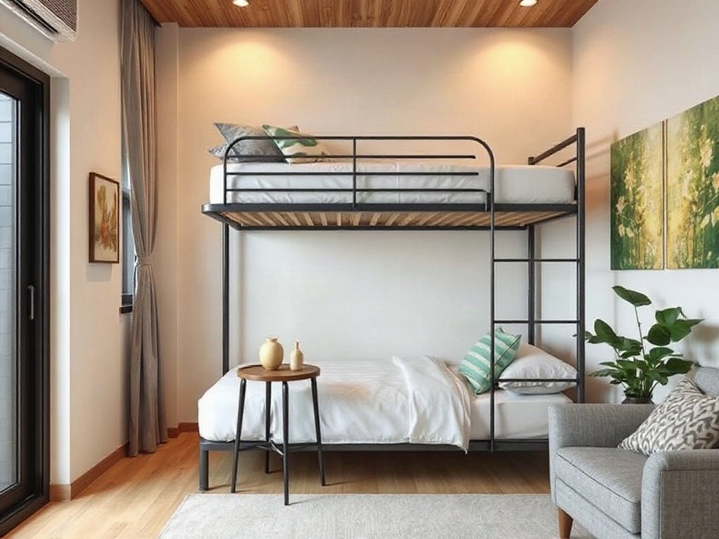 Không gian sống Việt Nam với giường tầng kim loại và gỗ phong cách dưới ánh dịu
