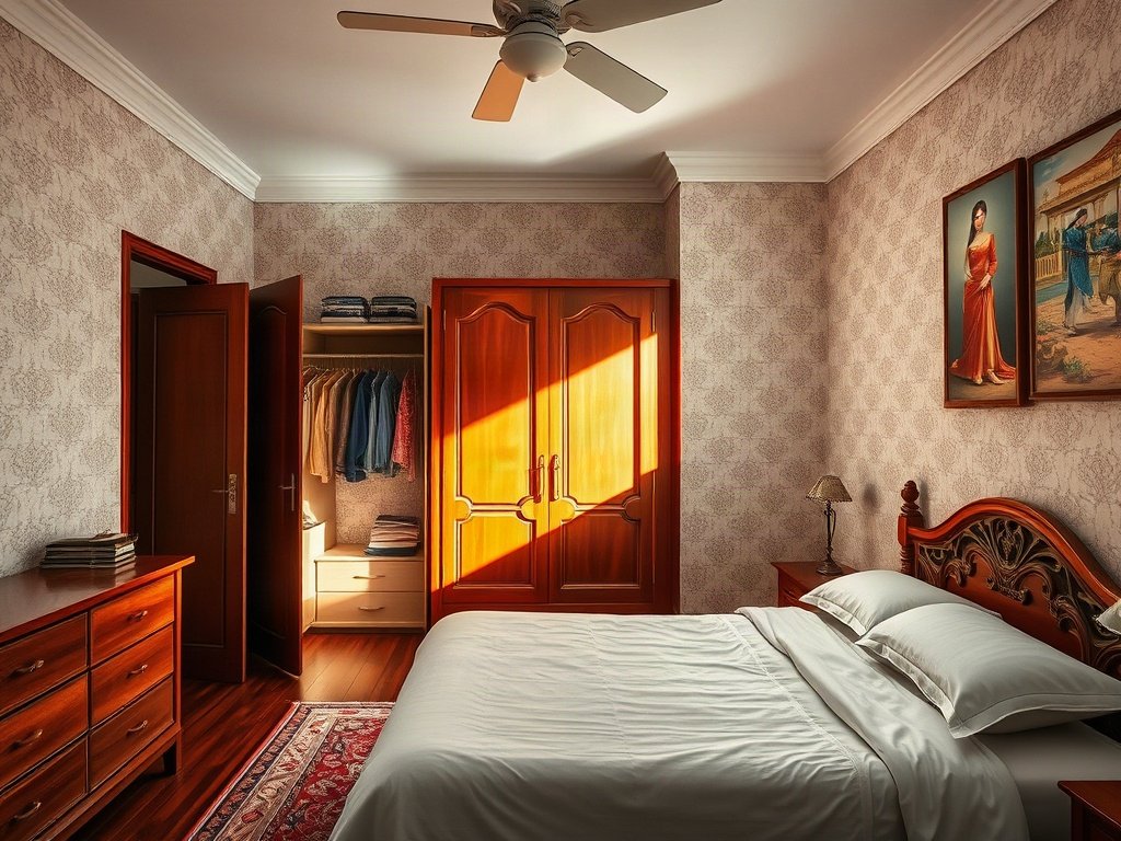 Nội thất phòng ngủ Việt Nam với tủ quần áo được chiếu sáng tự nhiên.